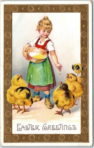 Vintage Easter Holiday Embossed Postcard Farm Girl Feeding Chicks 1909 Cancel