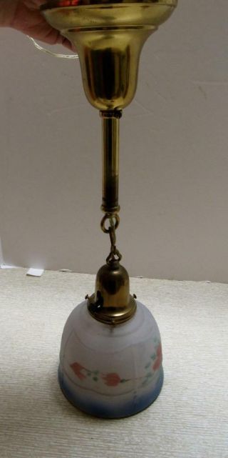 Vintage Art Deco Ceiling Light.  Hand Painted Shade.  Flowers.  Brass