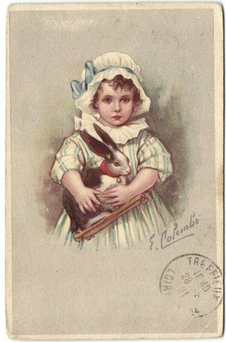 Cute Girl Holding Toy Bunny Old Artist Signed Colombo Postcard