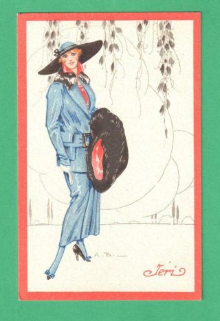 Vintage Alberto Bianchi Art Postcard Fashionable Lady " Teri " Leaves