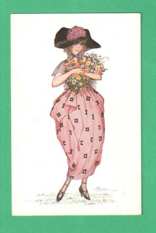 Vintage Busi Art Postcard Fashionable Lady Flowers