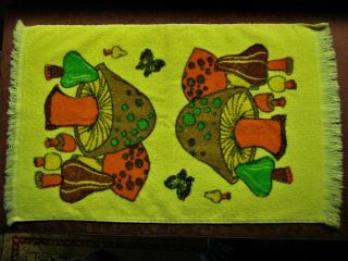 Vtg Cannon Terrycloth Hand Dish Towel Merry Mushroom Butterfly Mid Century Mod