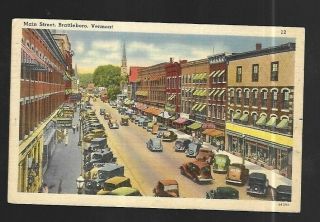Vintage Postcard Linen Main Street Downtown Brattleboro Vermont Old Cars