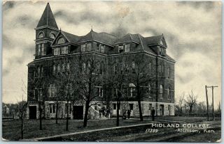 Atchison,  Kansas Postcard Midland College Main Building View 1910 Cancel