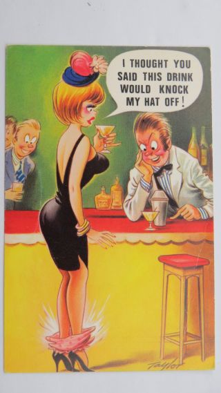 1970s Vintage Risque Comic Postcard Knickers Big Boobs Hat Cocktail Gin Bar Pub