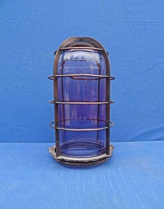 Rare Old Purple Glass Crouse - Hinds V.  200 Explosion Proof Globe - Brass Cage
