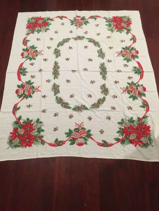 Vintage Christmas Tablecloth Printed Cloth Ornaments Poinsettias 51x60
