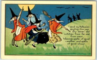Vintage Whitney Halloween Postcard Witches W/ Brooms Dance Around Cauldron 1910s