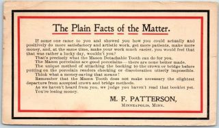 1898 Minneapolis Mn Advertising Postcard M.  F.  Patterson " Mason Detachable Tooth "