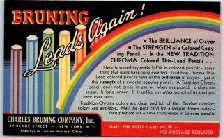 Vintage Nyc Advertising Postcard Charles Bruning Company Chroma Pencils C1940s