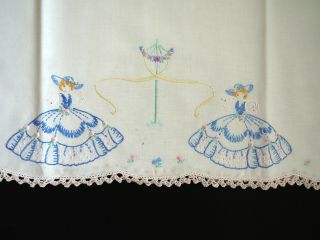 Hand Embroidered Southern Belle Pillowcase Two Girls May Pole Crochet Hem
