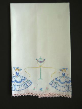 Hand Embroidered Southern Belle Pillowcase Two Girls May Pole Crochet Hem 2