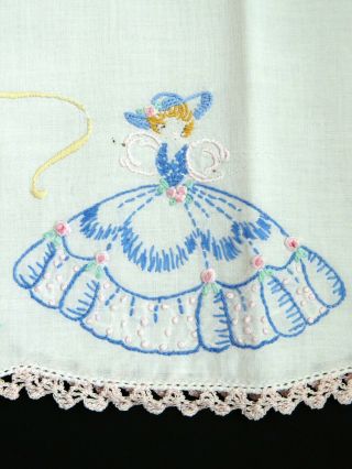 Hand Embroidered Southern Belle Pillowcase Two Girls May Pole Crochet Hem 4