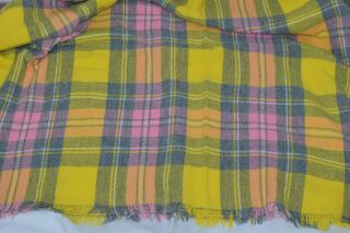 Vtg Yellow Pink Blue Wool Plaid Glamping Camp Picnic Fringe Blanket 57x60