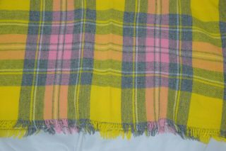 Vtg Yellow Pink Blue WOOL Plaid Glamping Camp Picnic Fringe Blanket 57x60 2