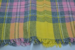 Vtg Yellow Pink Blue WOOL Plaid Glamping Camp Picnic Fringe Blanket 57x60 3