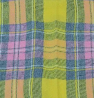 Vtg Yellow Pink Blue WOOL Plaid Glamping Camp Picnic Fringe Blanket 57x60 4