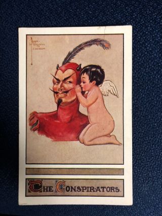 Vintage Postcard - Depicts The Devil With A Child Angel Whispering Into His Ear