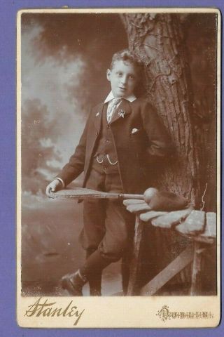 Victorian Boy With Tennis Racket Vintage Old Cabinet Photo Dublin Mf