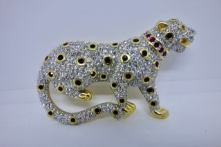 Swarovski Crystal And Gemstone Leopard Brooch Pin Gold Plated