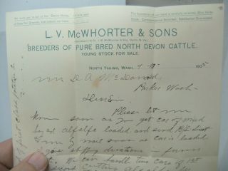 1905 North Yakima Wa Letter L.  V.  Mcwhorter North Devon Cattle Stock Hay Order