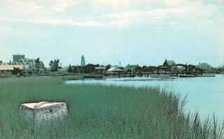 C20 - 5902,  Lake View With Piers And Lighthouse,  Ocracoke,  North Carolina.