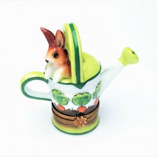 Retired Watering Can With Bunny Rabbit Limoges Trinket Box,  Hand Painted,  Signed
