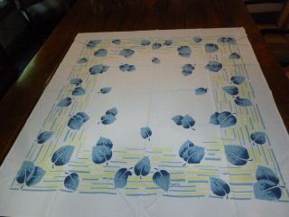 Vintage Cotton Print Tablecloth California Hand Prints “blue Leaves " 51 X 46 "