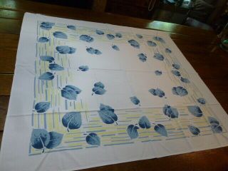 Vintage Cotton Print Tablecloth California Hand Prints “Blue Leaves 