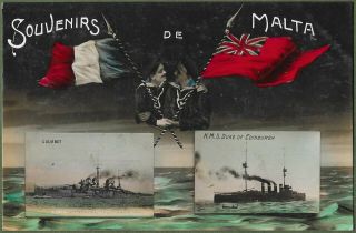Malta Greetings Card.  Royal Navy Cruiser Hms Duke Of Edinburgh & French Courbet