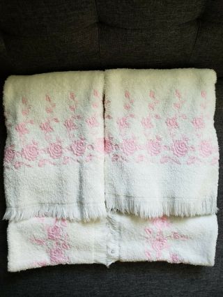 Vintage 2 Dundee Bath Towels 2 Fingertip Towels White W/pink Roses Euc