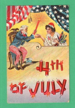 Vintage July 4th Patriotic Postcard Uncle Sam & Lady Liberty Fireworks Flag