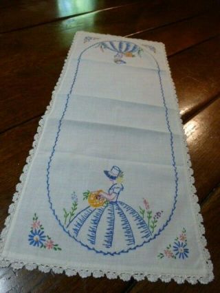 Crinoline Lady Southern Belle Hand Embroidered Vintage Table Runner French Knot 2