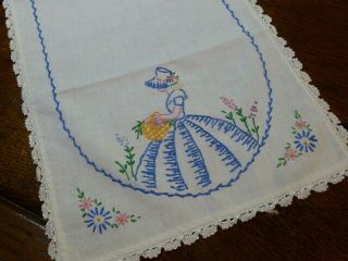 Crinoline Lady Southern Belle Hand Embroidered Vintage Table Runner French Knot 3
