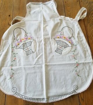 Vintage Full Body Apron Handmade Embroidery Baskets Of Flowers