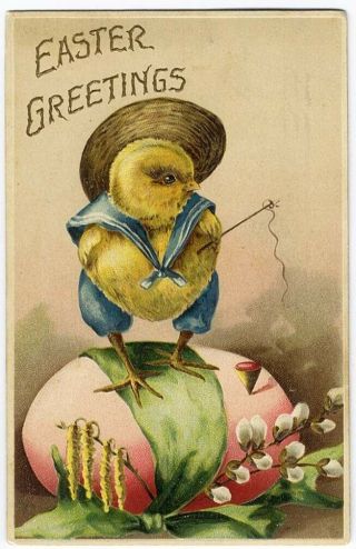 Baby Easter Chick Dressed In Sailor Suit & Hat With Egg Postcard 1910