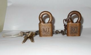 Vintage Pair Brass Footlocker Padlocks U.  S.  N.  United States Navy Keyed A Like