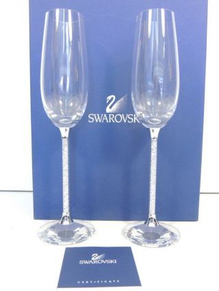 Swarovski Fluted Champagne Glasses Pair Crystal Filled Stem 10 1/8 " Tall Signed
