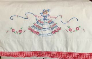Vintage Embroidered Pair Pillowcases Southern Bell Thread Crochet Edge Pink Blue