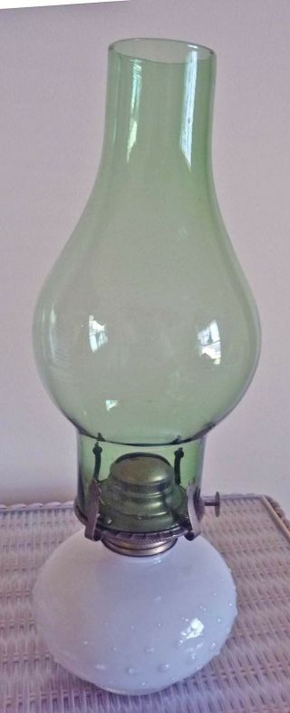Vintage Lamplight Farms Oil Lamp White Base With Green Hurricane Shade