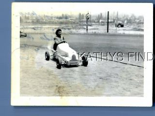 Found B&w Photo G,  2985 Pretty Woman Sitting In Small Racing Car
