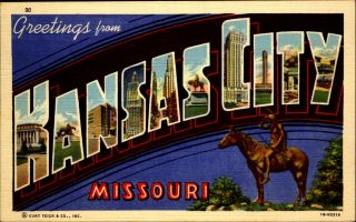Greetings From Kansas City Missouri Mo Large Letter Linen 1940s Horse Indian