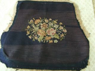 Vintage Floral Chair Seat Needlepoint Done In Petit Point On Black