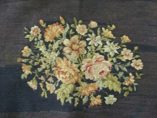 Vintage Floral Chair Seat Needlepoint Done in Petit Point On Black 2