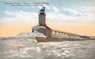 Lighthouse Fog Signal Ice Jam Michigan City Indiana 1910c Postcard