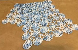 Vintage Table Runner,  Hand Crocheted,  Flower Design,  Variegated Blue & White