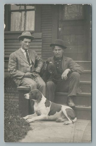 Chained Bear & Hunting Dog Rppc Antique Animal Photo—bowler Hat 1910s