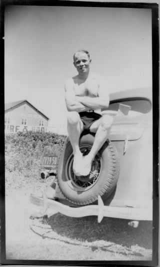 Vintage Photo Shirtless Man Bulge Sitting On Back Of Car Casino Beach Florida