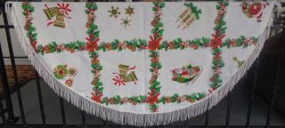 Vtg Christmas Terry Cloth Round Tablecloth Santa Sleigh Bells Ornaments Fringed