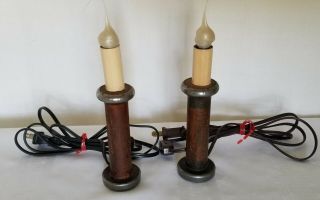 Set Of 2 Vintage Rustic Wooden Spool Primitive Electric Candle Lamps Lights